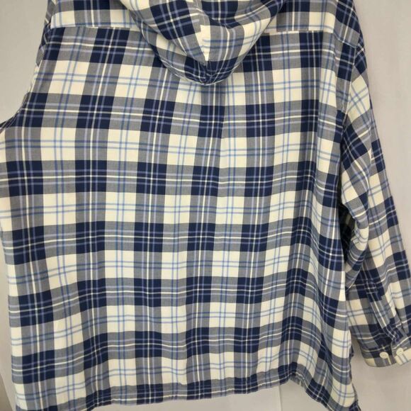 LL Bean Women's 2X Blue Plaid Fleece Lined Flannel Button Hooded Shacket Pockets - Picture 4 of 7